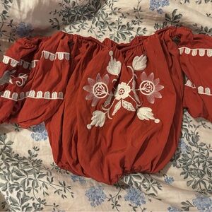 Red Off-Shoulder Top with White Embroidery